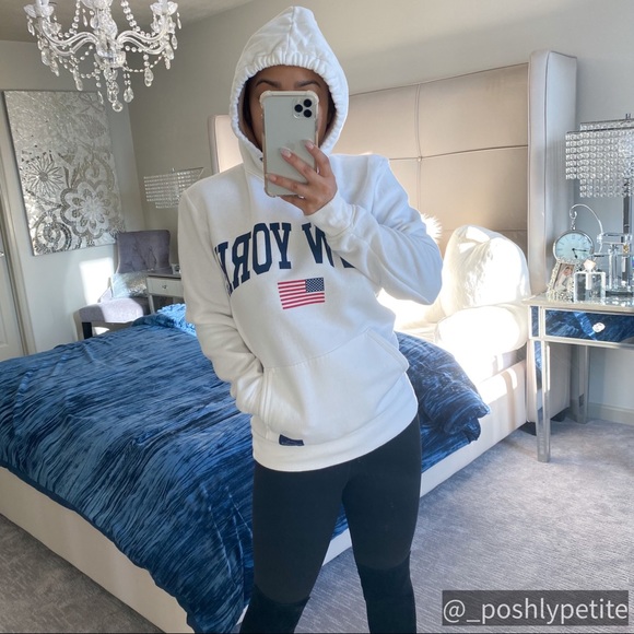 White printed oversized hoodie sweatshirt sweater cinched long sleeve - Picture 9 of 15